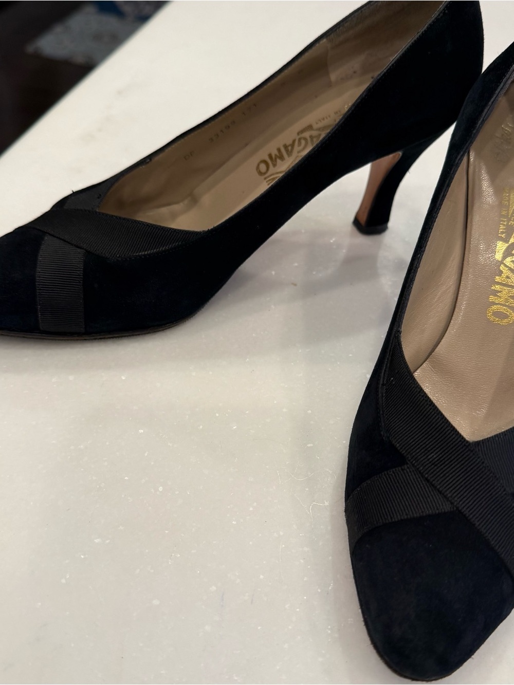 Salvatore Ferragamo Black Suede Pumps with Grosgrain Trim - Picture 12 of 16